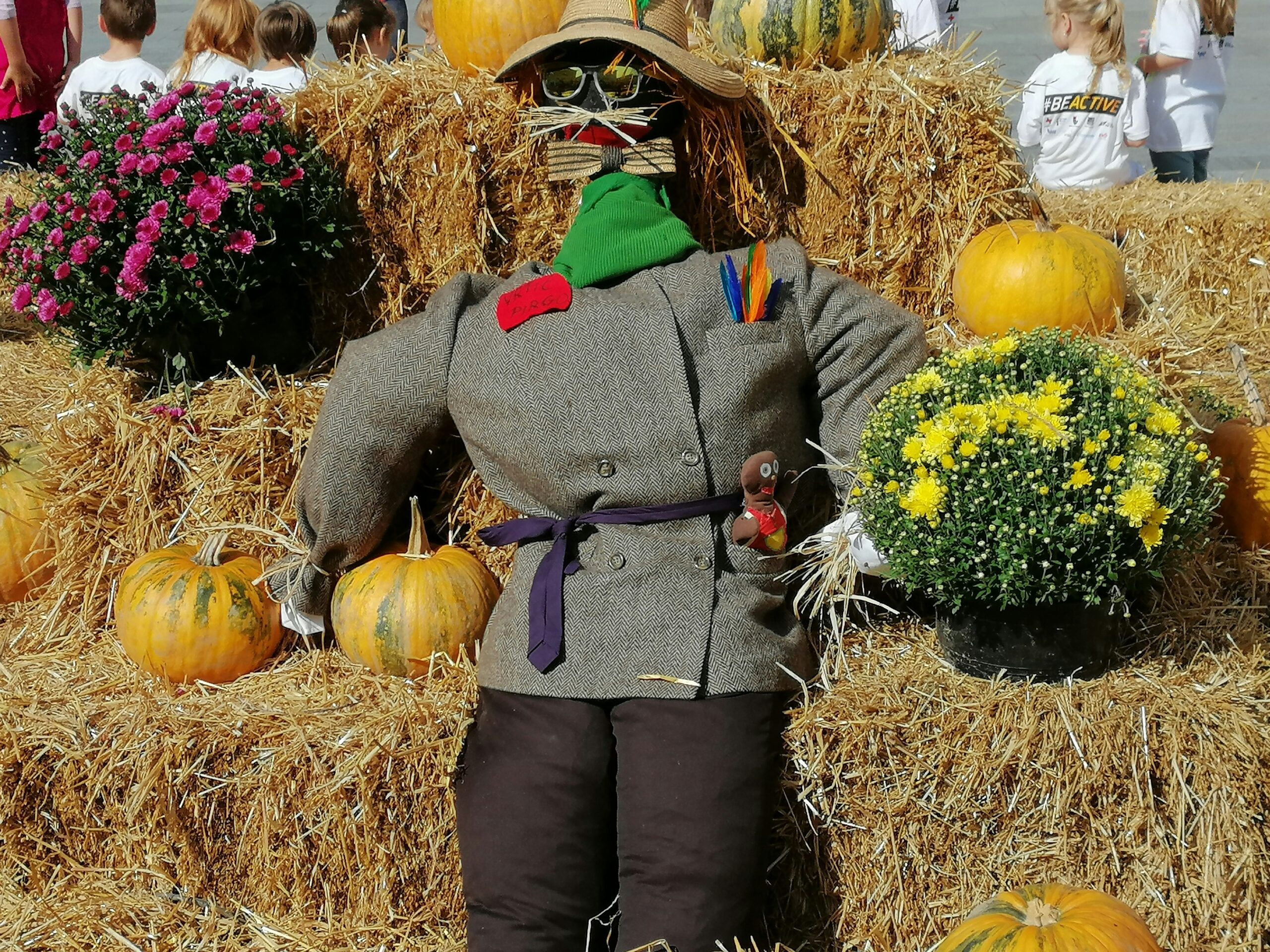 a homemade scarecrow sat on a hay bale and surrounded by flowers and pumpkins